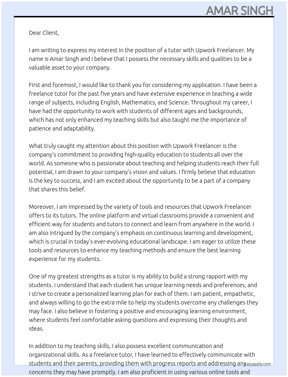 tutor At upwork freelancer Cover Letter