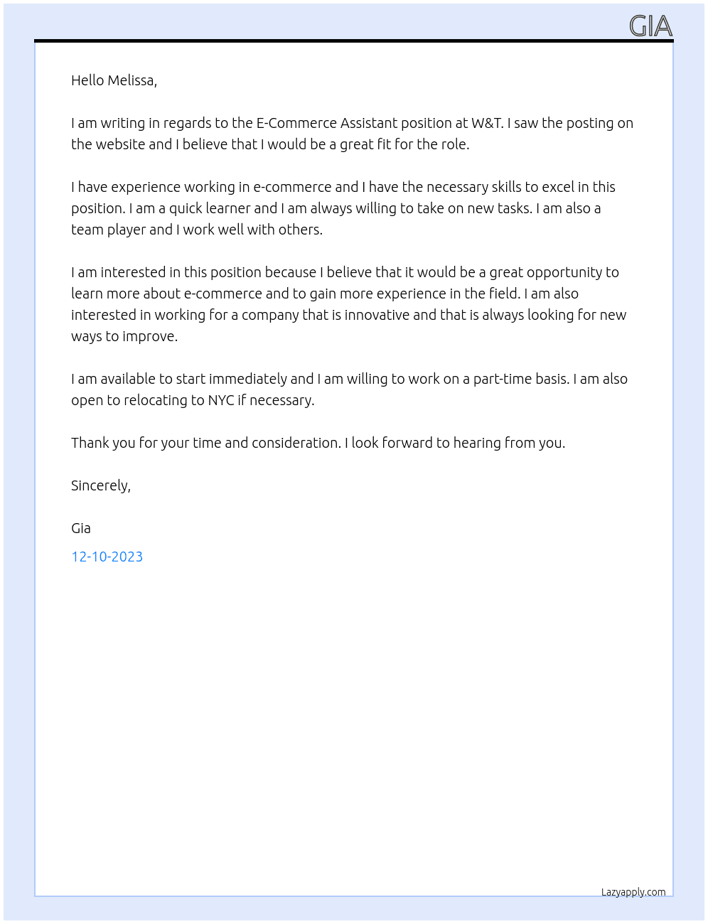 E-Commerce Assistant At W&T Cover Letter