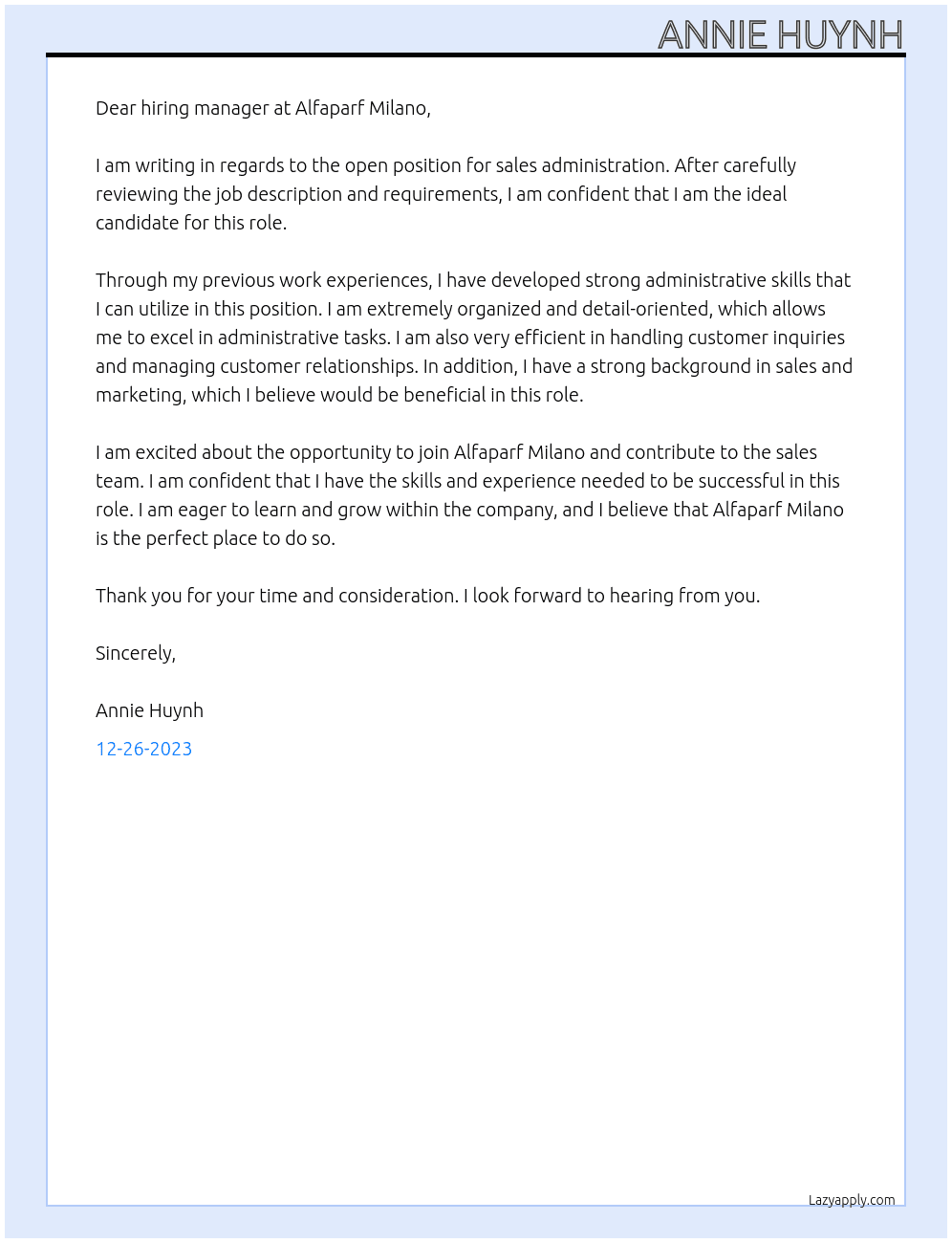sales adminstration  At Alfaparf Milano  Cover Letter