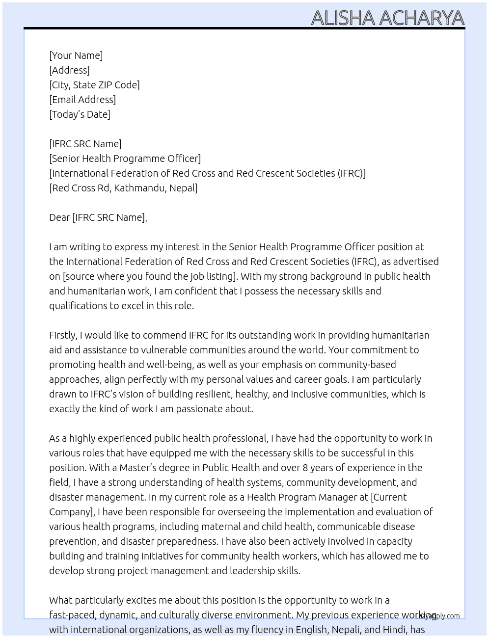 Cover letter for senior health programme officer - LazyApply