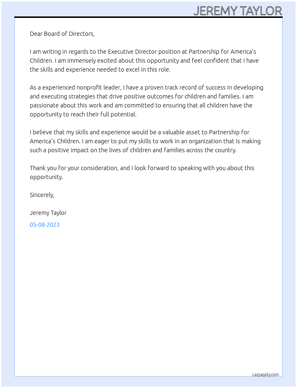 Executive Director At Partnership for America's Children Cover Letter
