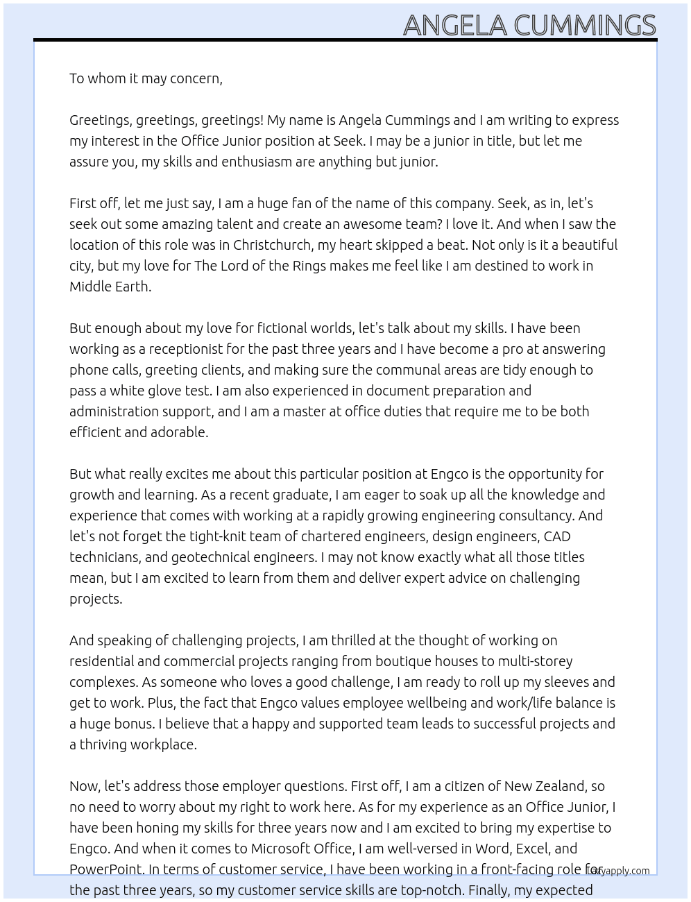 Office Junior At Seek Cover Letter