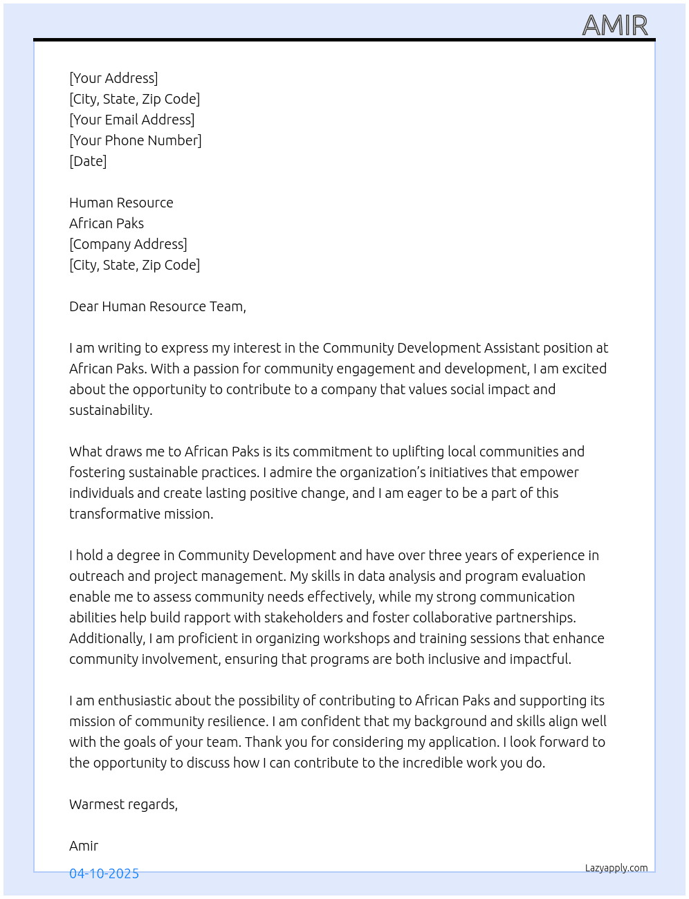 COMMUNITY DEVELOPMENT ASSISTANT At African paks Cover Letter