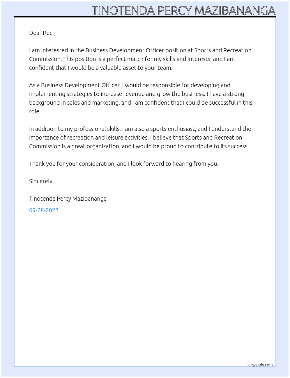 Business Development Officer At Sports and Recreation Commission Cover Letter