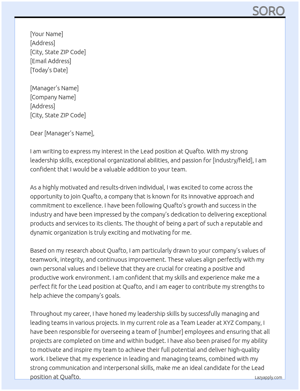 lead At quafto Cover Letter