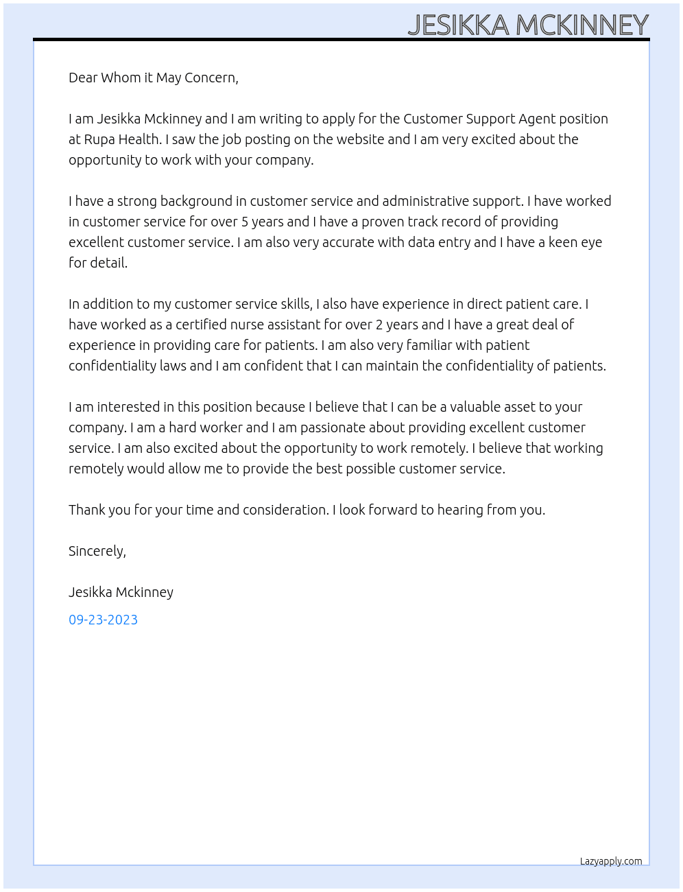 Customer Support Agent At Rupa Health Cover Letter