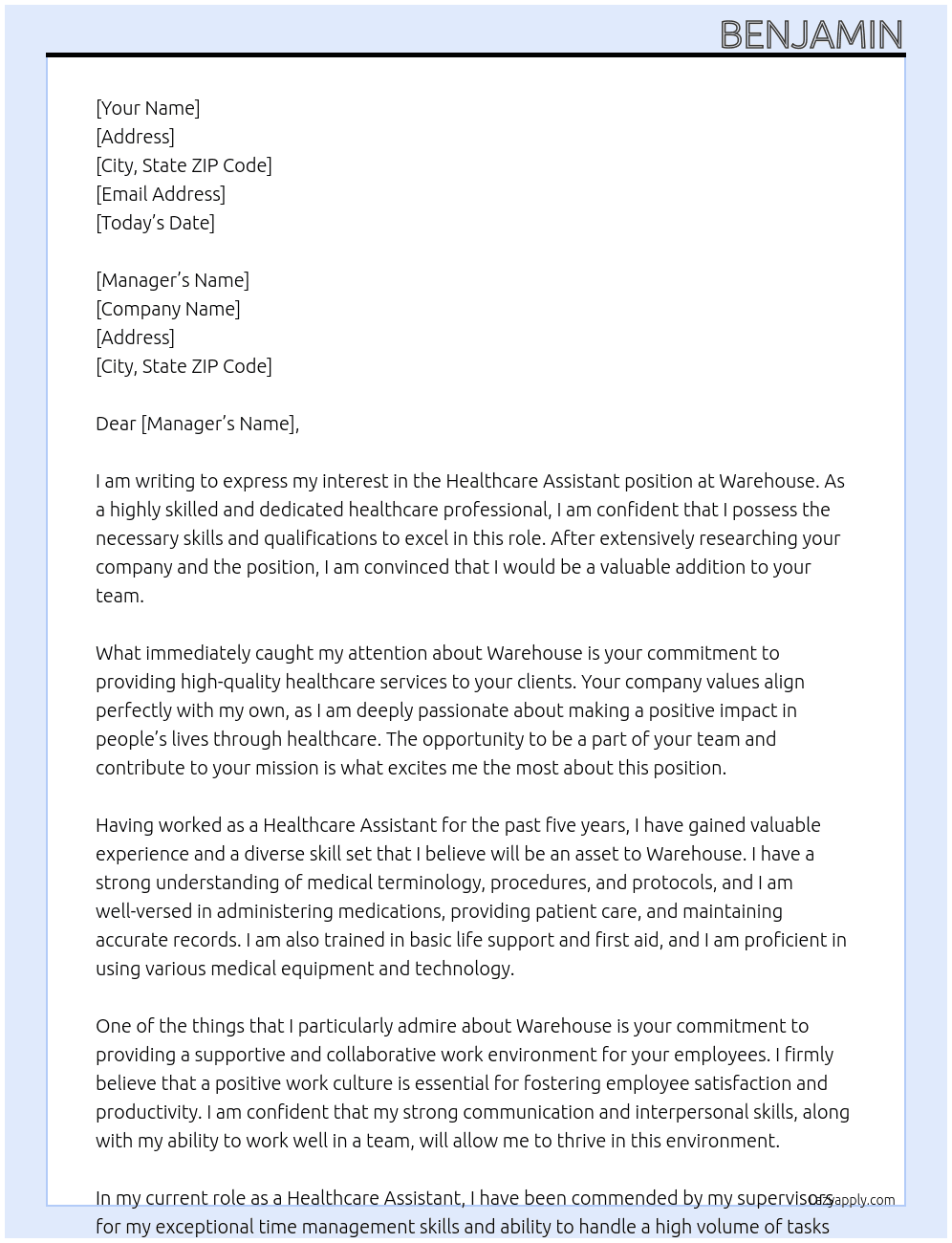 Healthcare Assistant At Warehouse Cover Letter