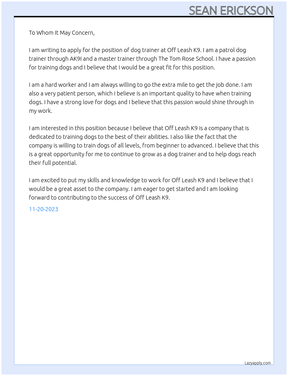 Dog trainer At Off Leash K9 Cover Letter