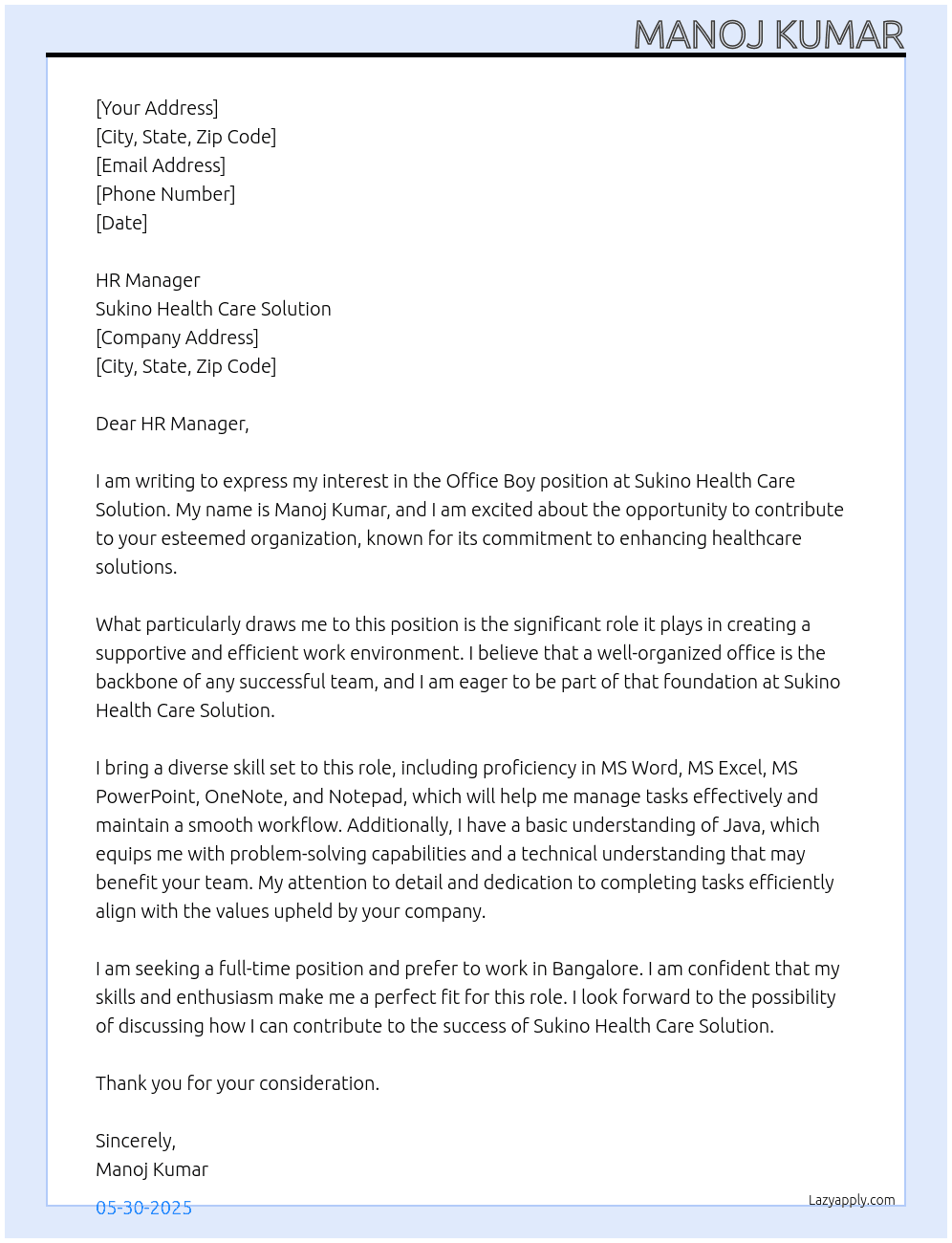 Office Boy At Sukino Health Care Solution Cover Letter