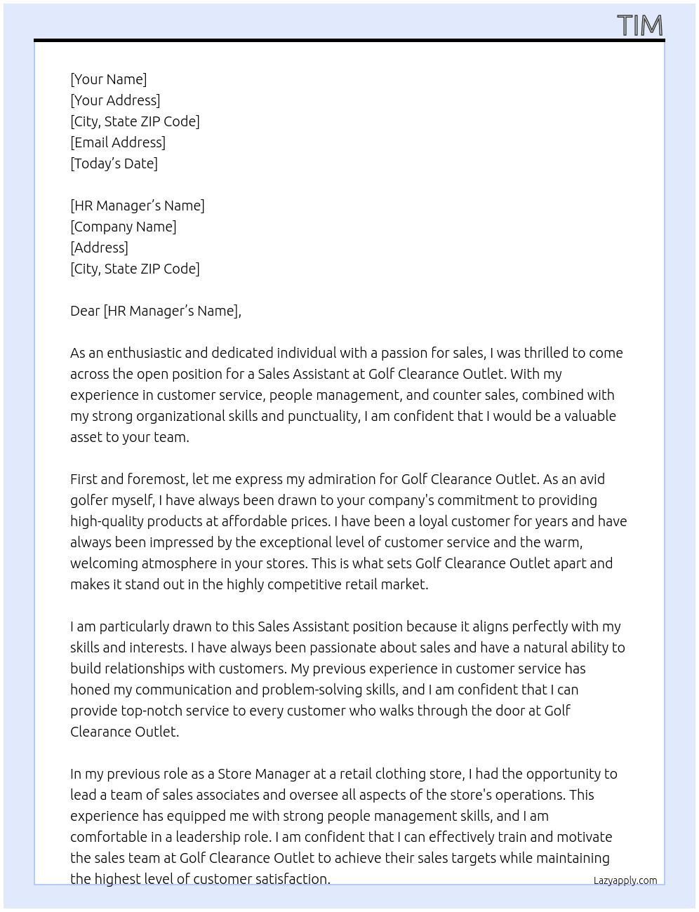 Sales Assistant At Golf Clearance outlet  Cover Letter
