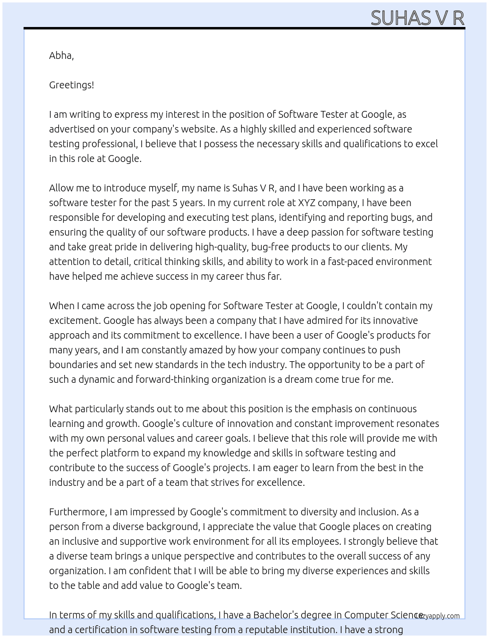 Software Tester At Google Cover Letter