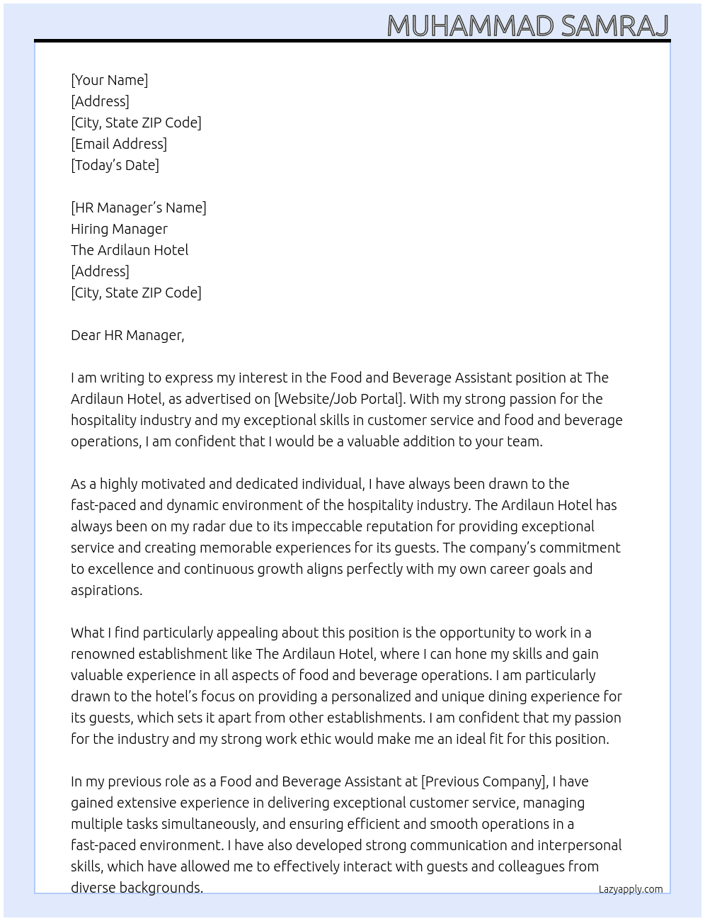 Food and Beverage Assistant At The Ardilaun Hotel Cover Letter