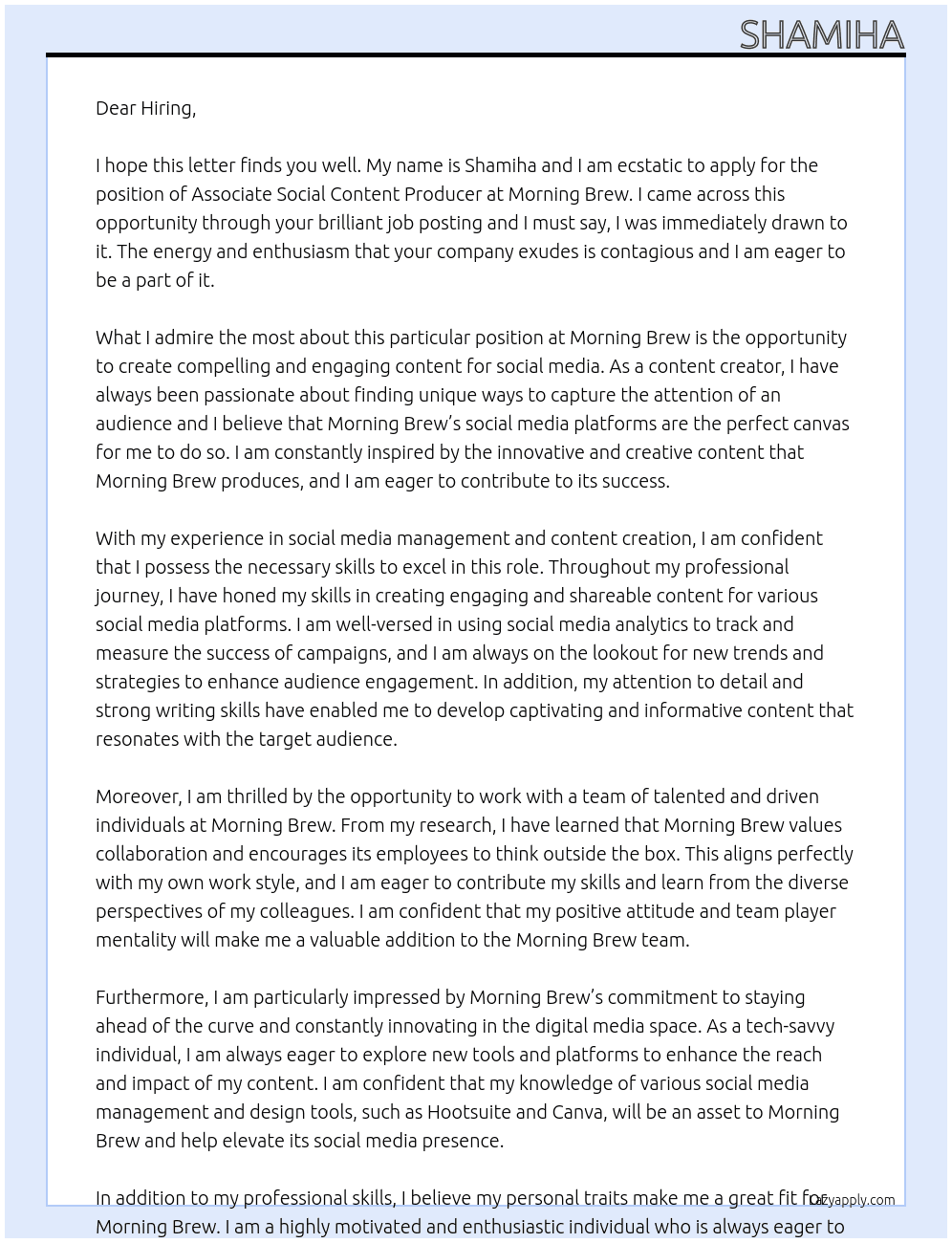 Associate Social Content Producer At Morning Brew Cover Letter