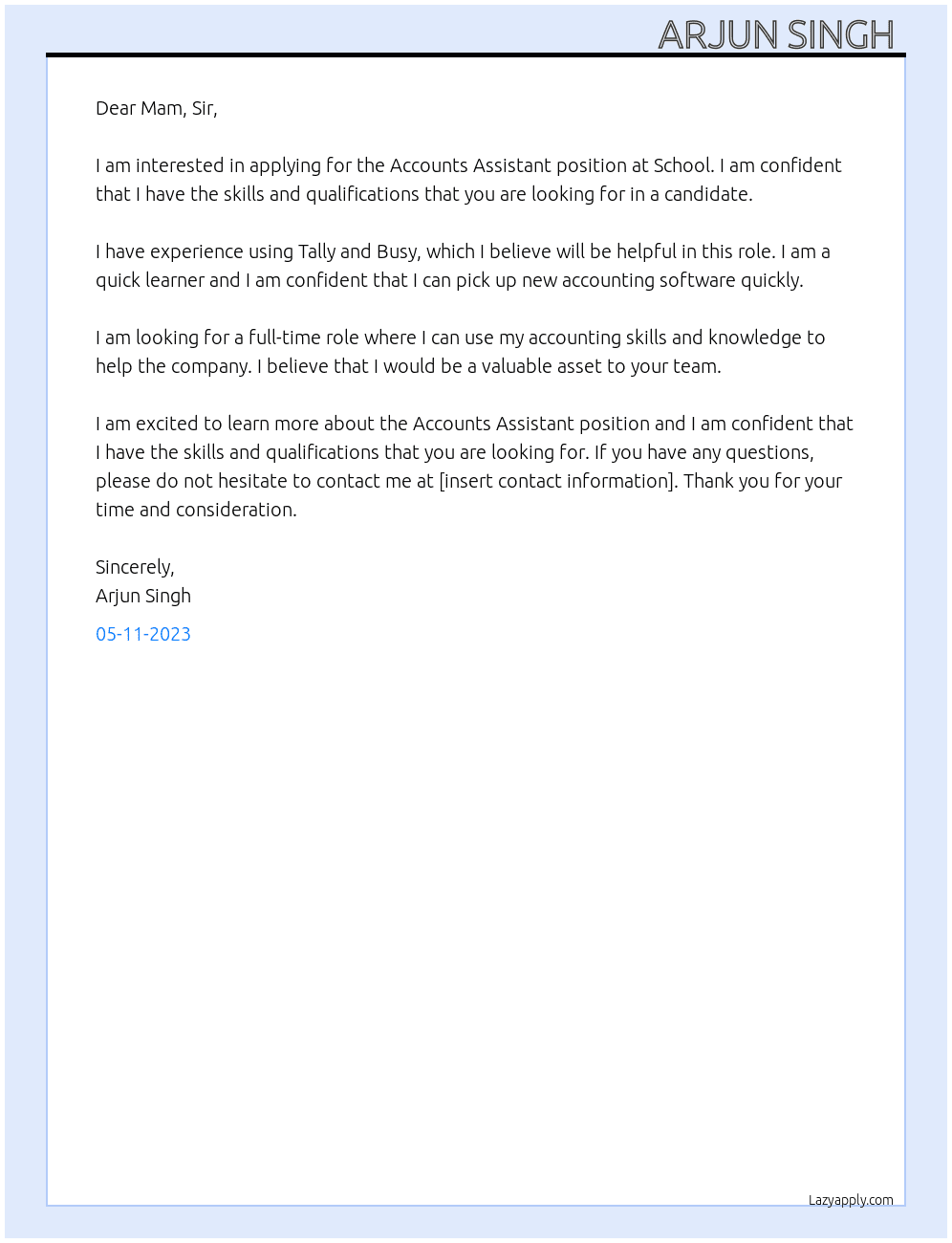 Accounts Assistant  At School  Cover Letter