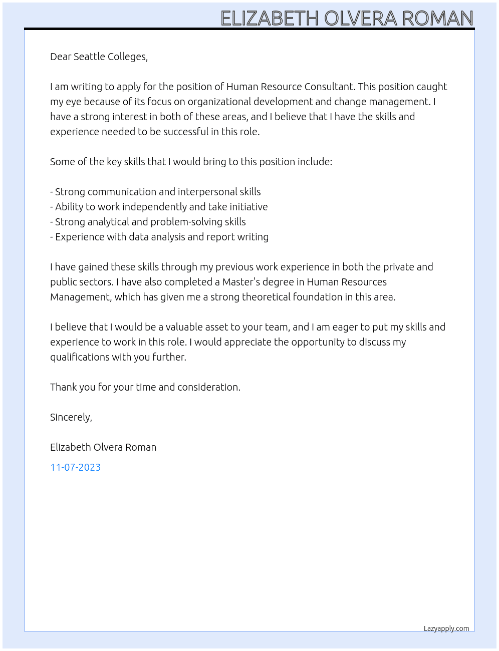Human resource consultant At Seattle Colleges Cover Letter