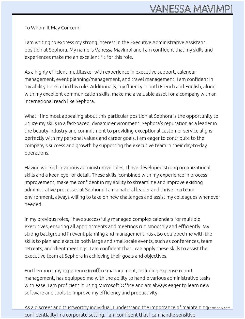 Executive Administrative Assistant At Sephora Cover Letter