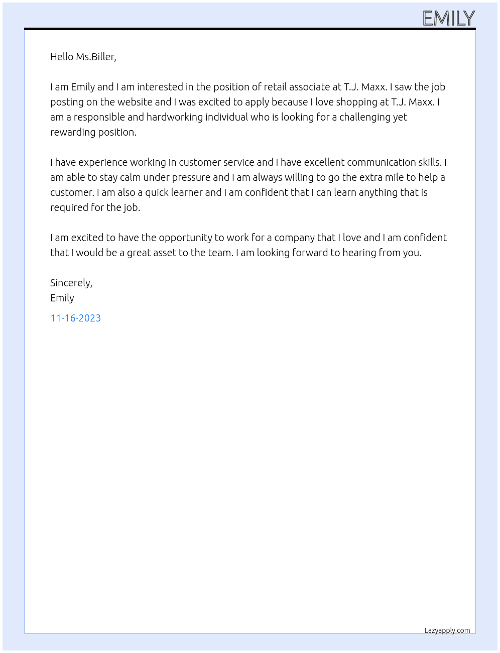 T.J. maxx At retail associate Cover Letter