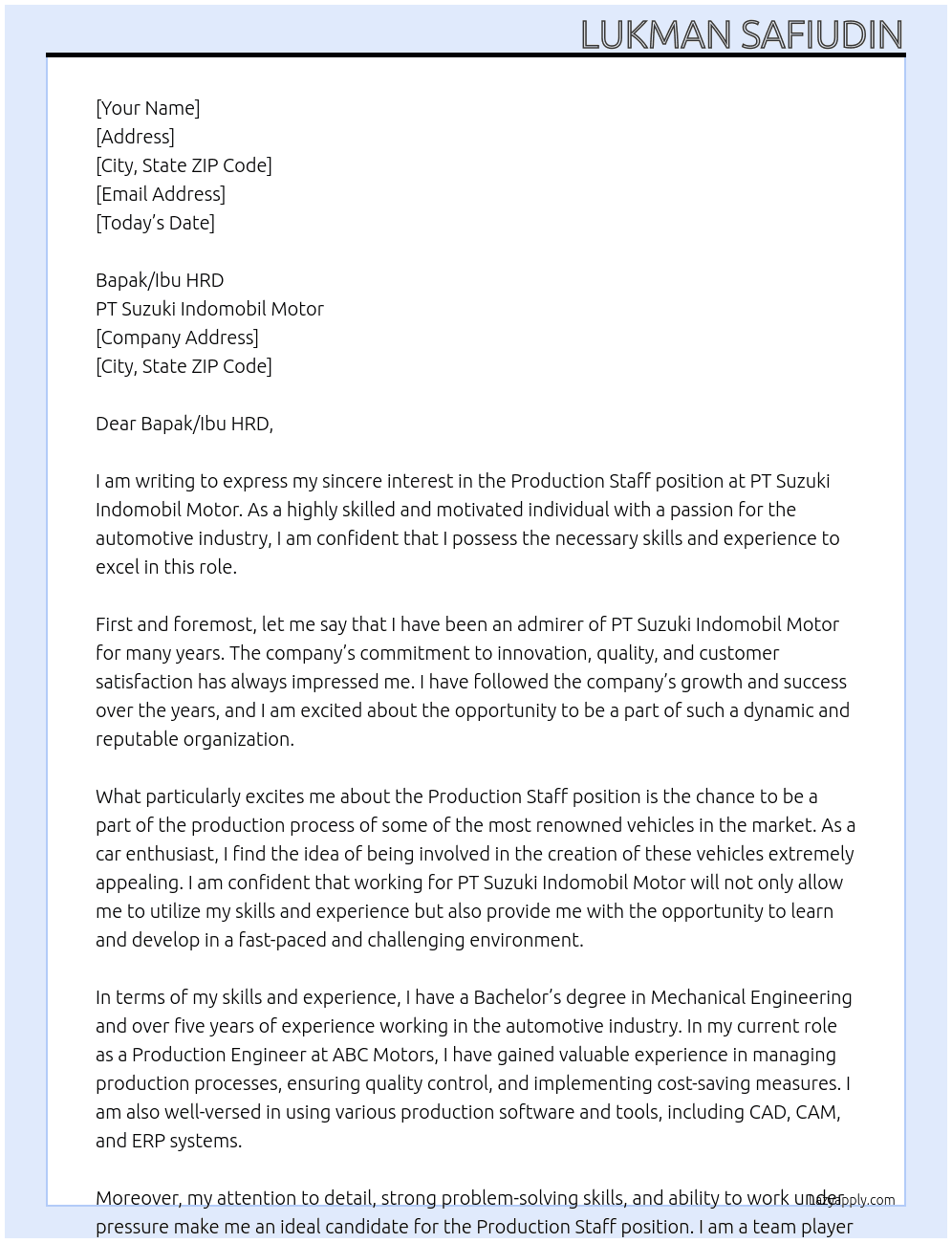 Production Staff At PT Suzuki Indomobil Motor Cover Letter