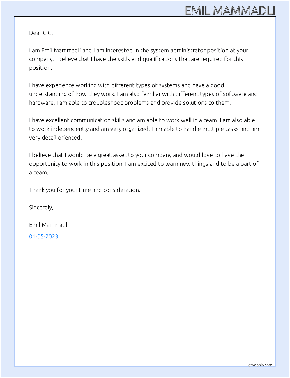 System administrator At CIC Cover Letter