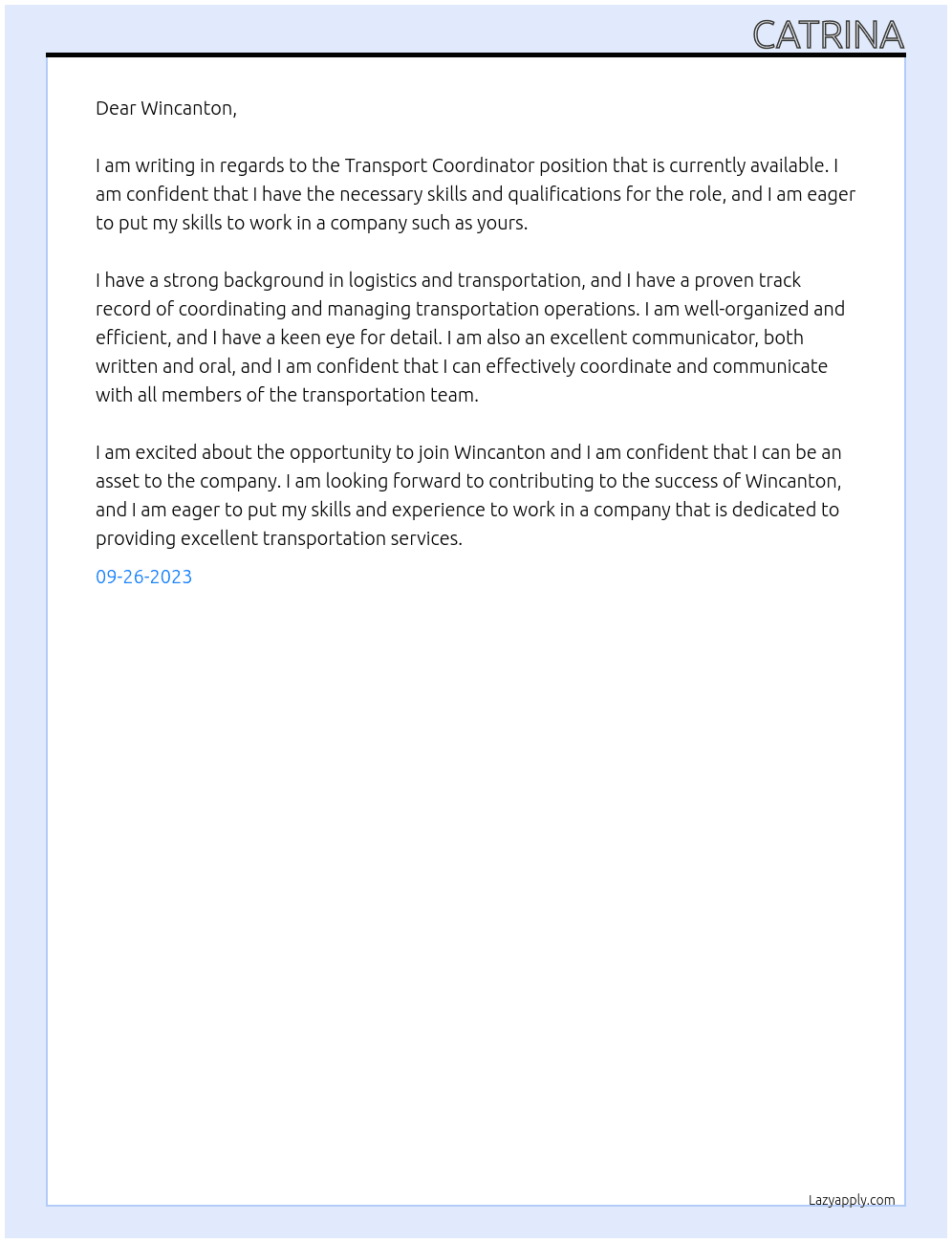 Transport Coordinator At Wincanton Cover Letter