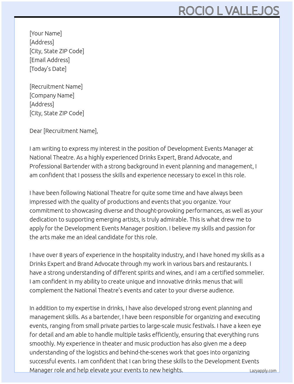Development Events Manager At National Theatre Cover Letter