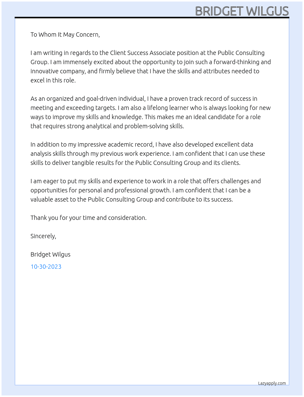 Client Success Associate  At Public Consulting Group  Cover Letter