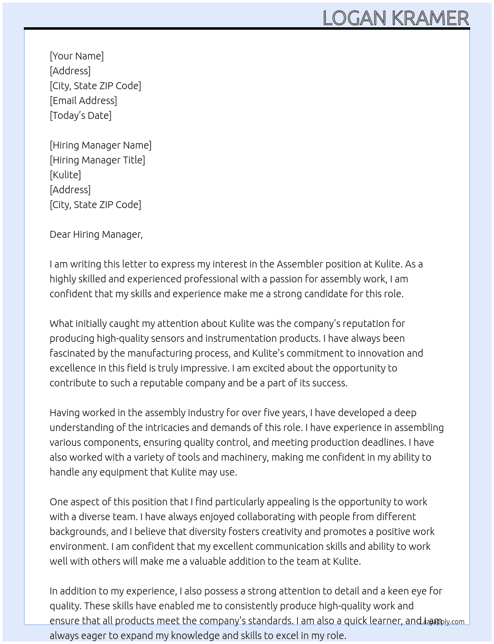 Assembler At Kulite  Cover Letter