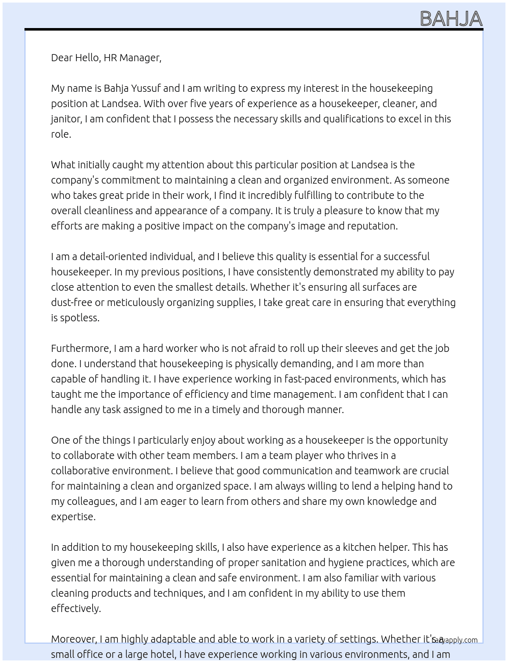 Housekeeping  At Landsea Cover Letter