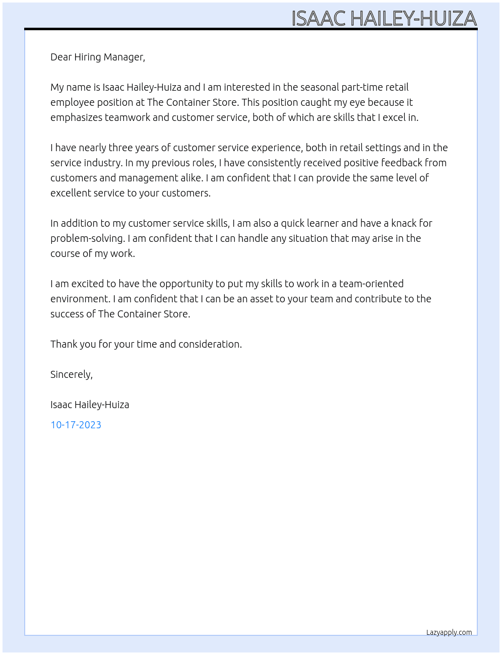 Seasonal Part-time Retail Employee At The Container Store Cover Letter