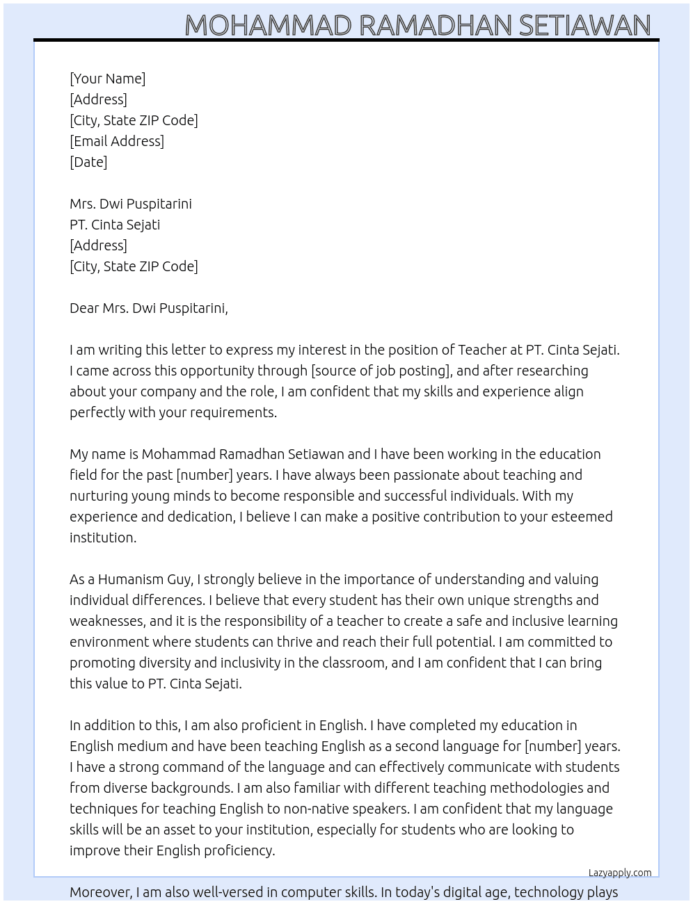 Teacher At PT. Cinta Sejati Cover Letter