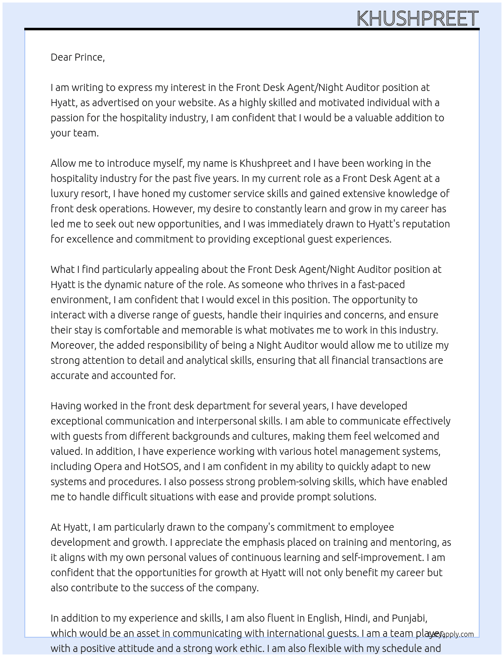Front Desk Agent/Night Auditor At Hyatt Cover Letter