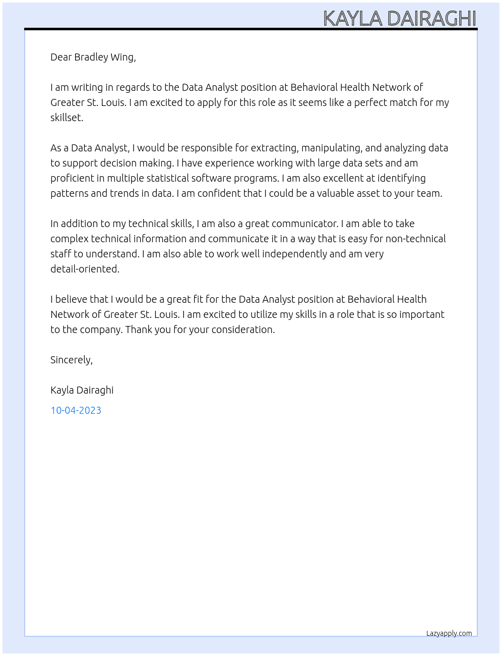 Data Analyst At Behavioral Health Network of Greater St. Louis Cover Letter