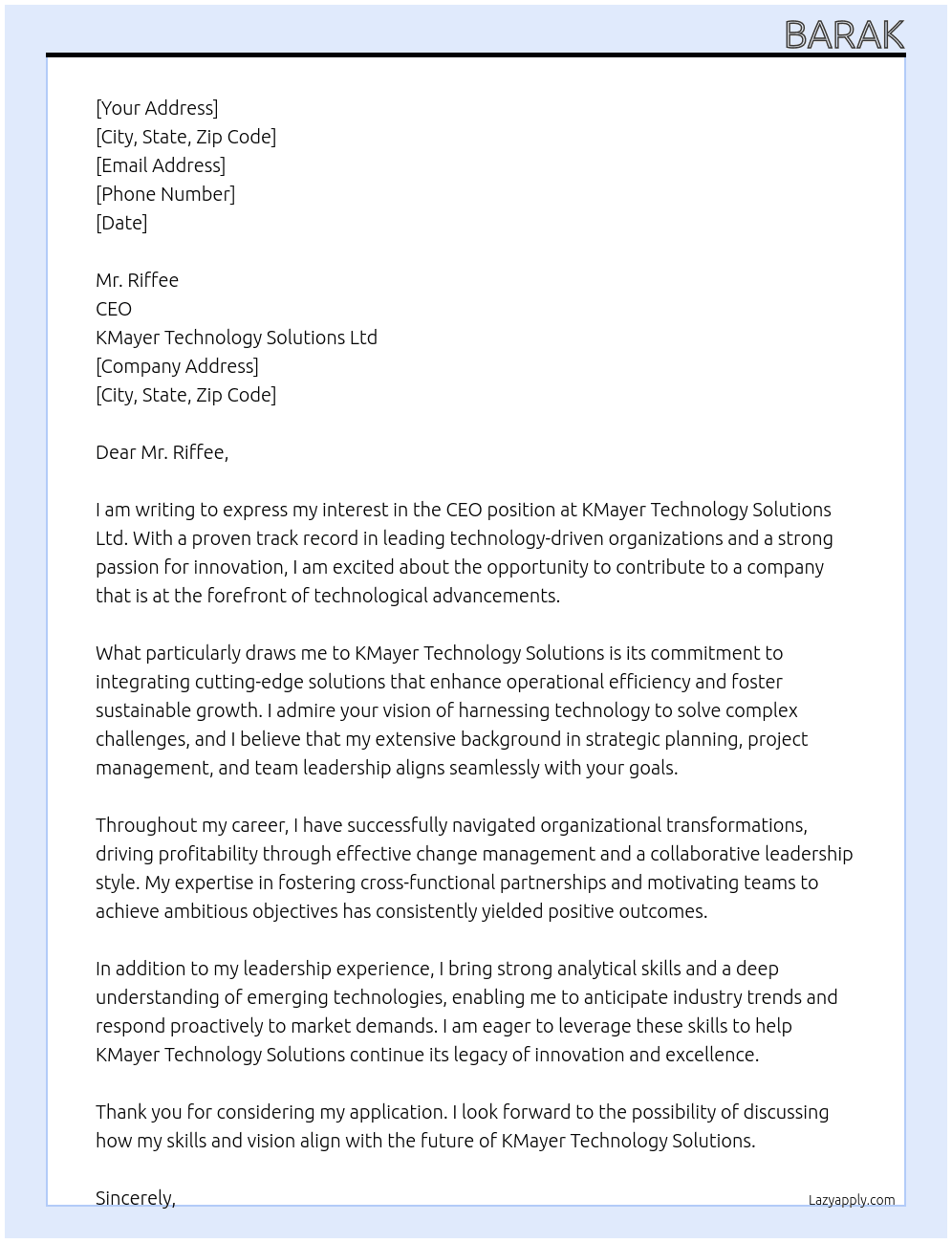 CEO At KMayer Technology Solutions Ltd Cover Letter