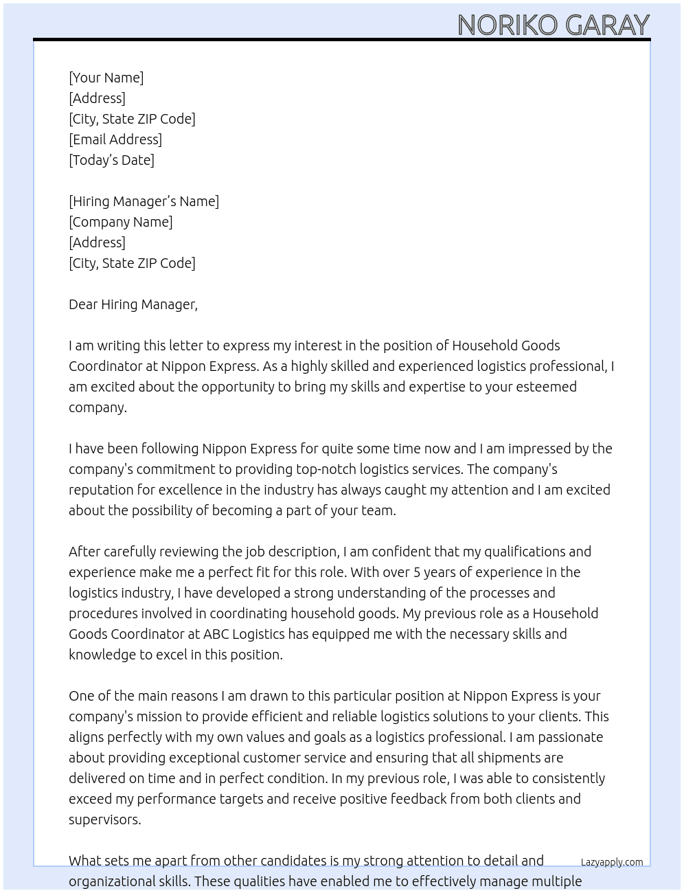 Household goods cordinator At Nippon Express Cover Letter