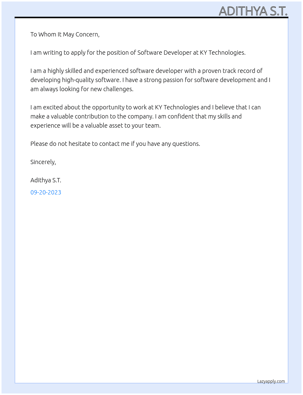 Software Developer At KY Technologies Cover Letter
