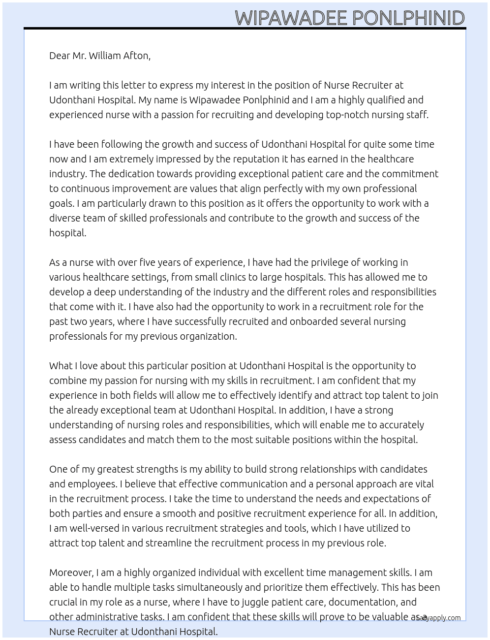 Nurse Recruiter At Udonthani Hospital Cover Letter