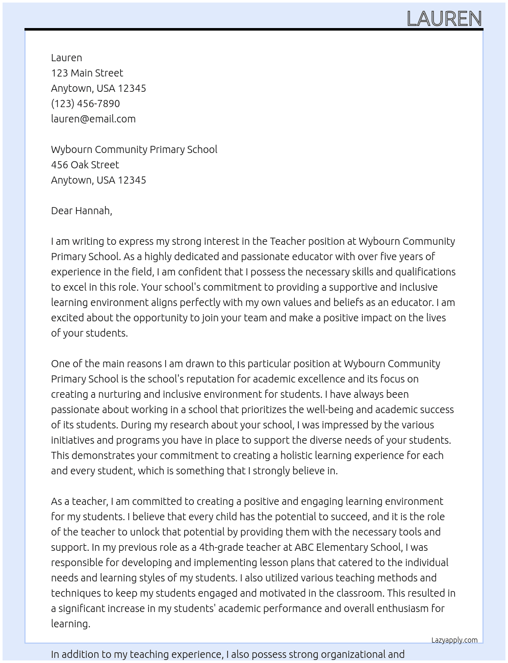 Teacher At Wybourn Community Primary School  Cover Letter