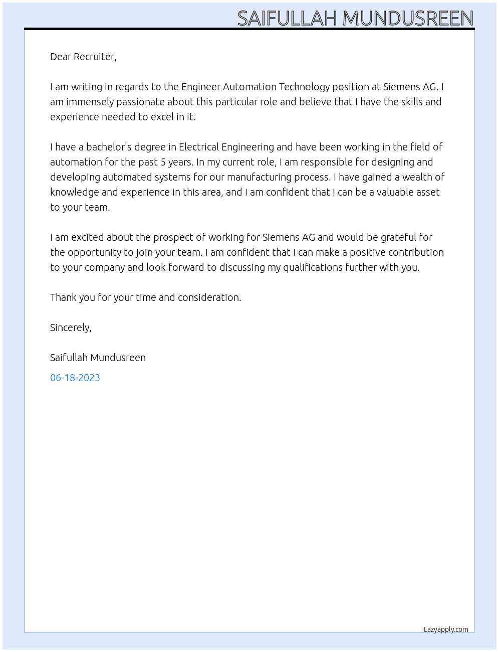 Engineer Automation Technology At Siemens AG Cover Letter