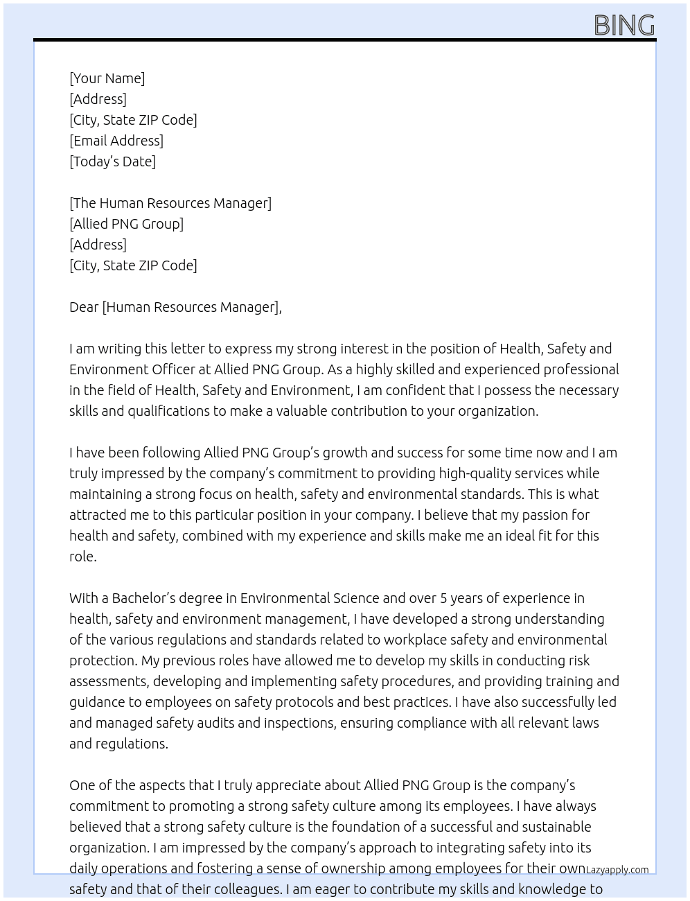 health, safety and environment officer At Allied PNG Group Cover Letter