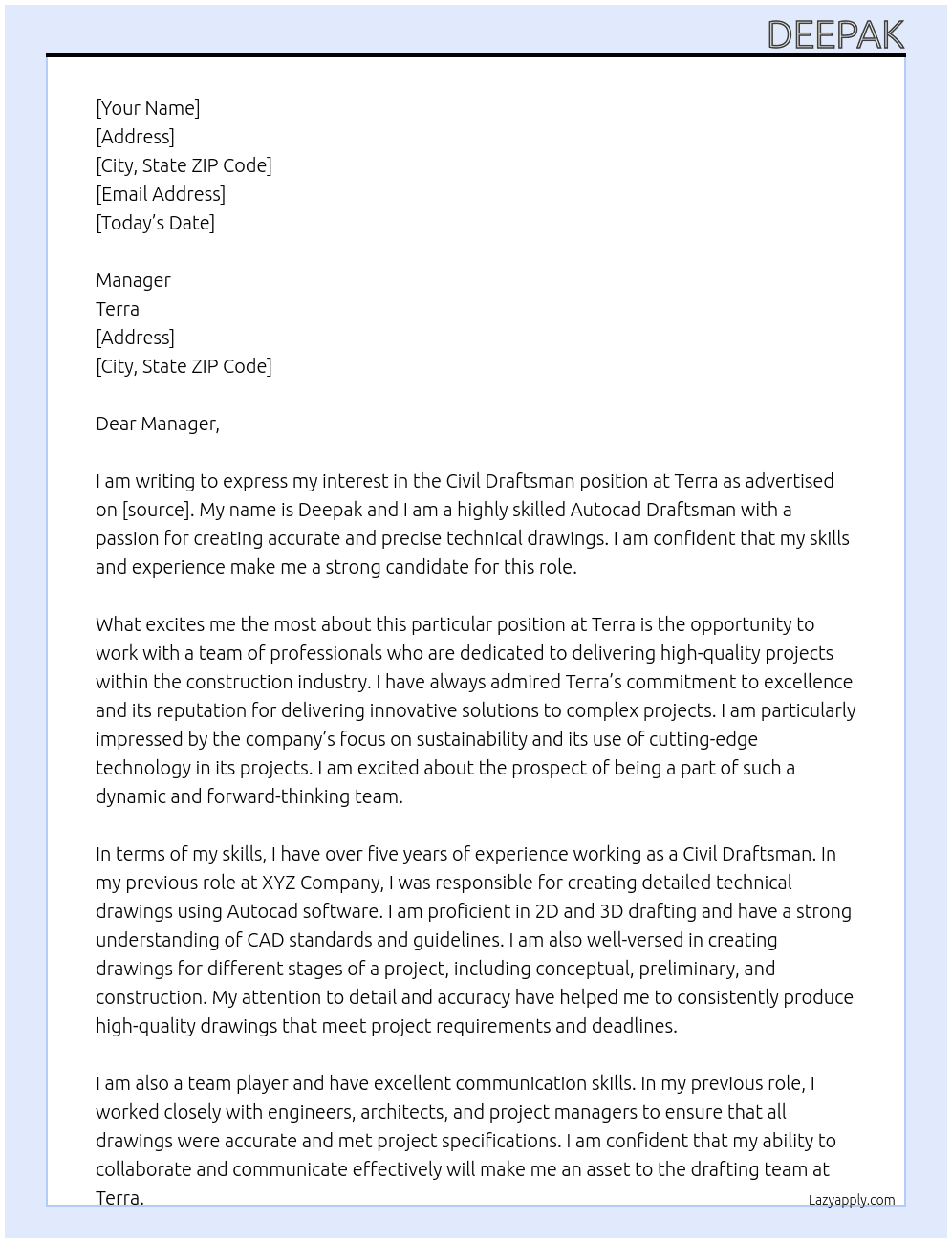 Civil Draftsman At Terra Cover Letter