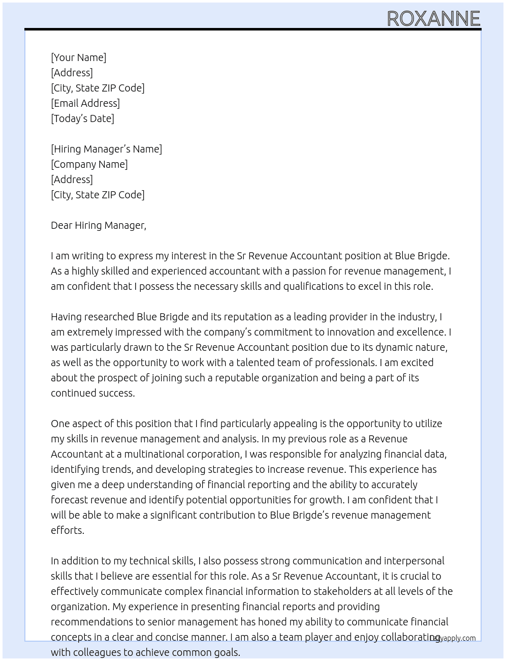 Cover letter for sr revenue accuntant - LazyApply