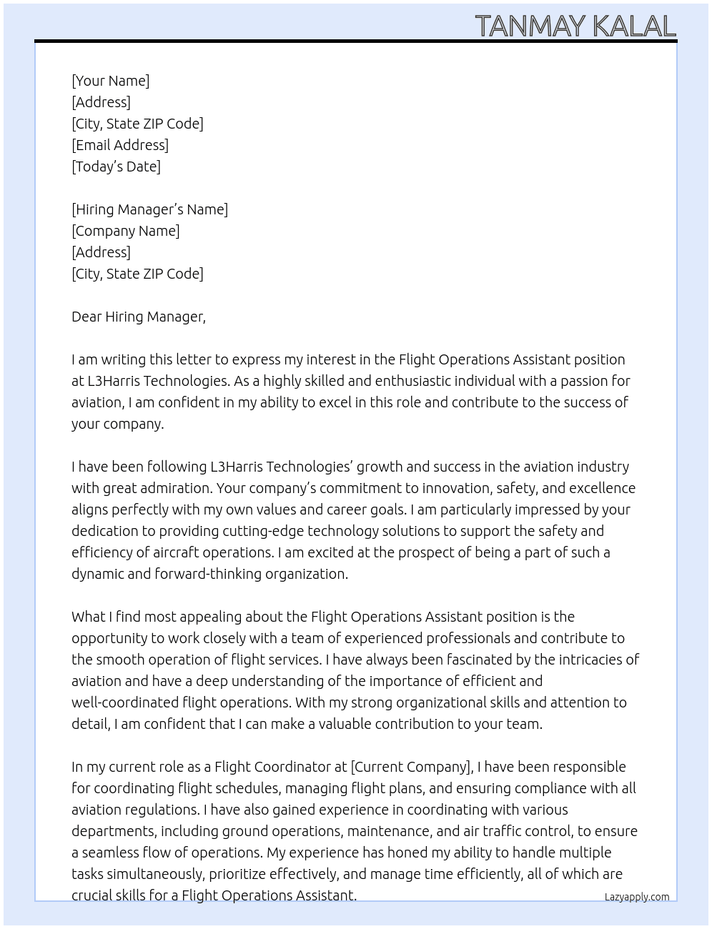 flight operations assistant At L3Harris Technologies Cover Letter