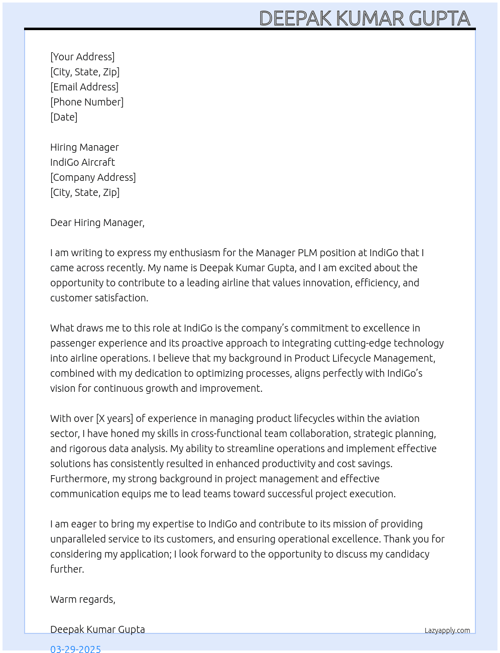 IndiGo  At IndiGo aircraft  Cover Letter