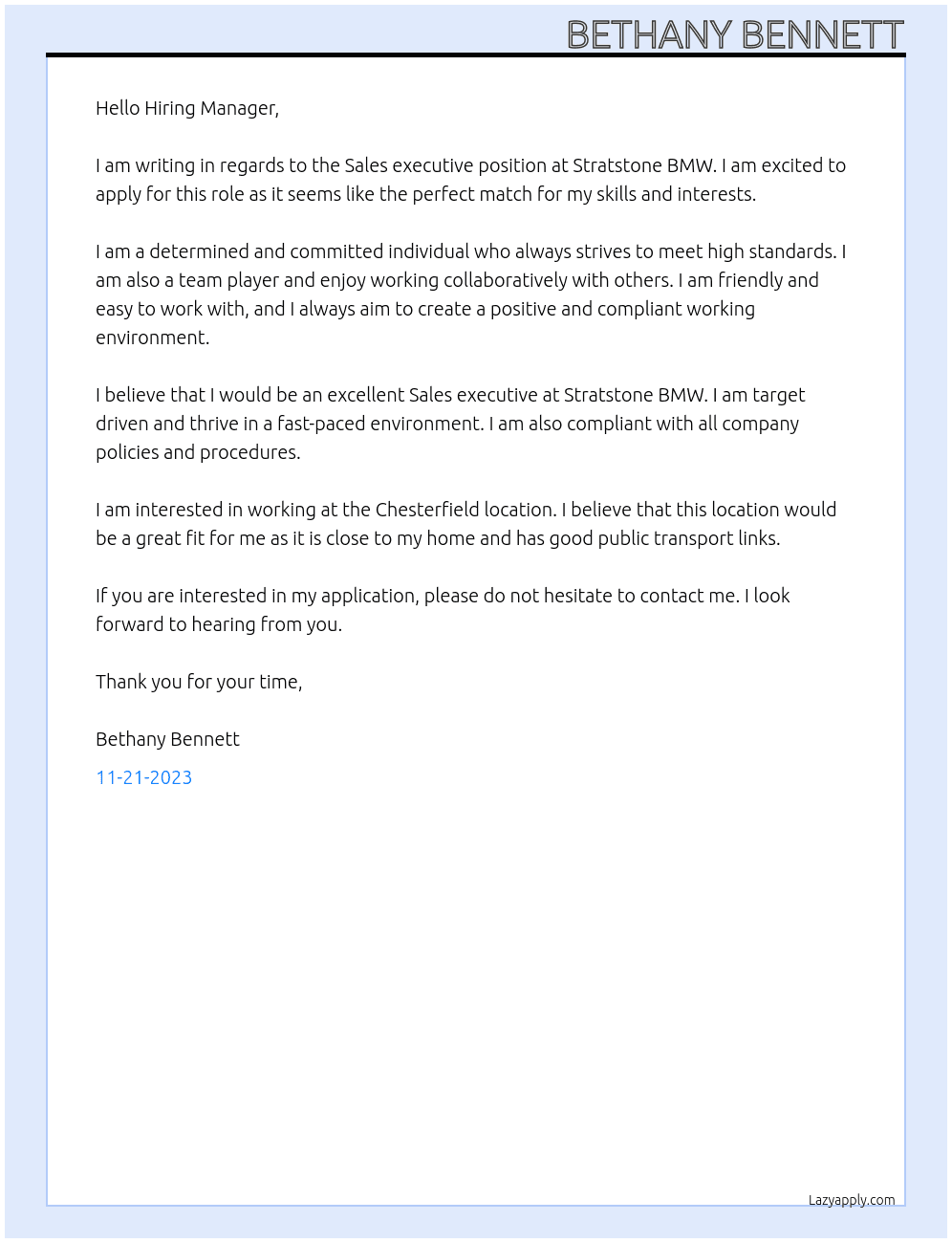 Sales executive  At Stratstone BMW Cover Letter