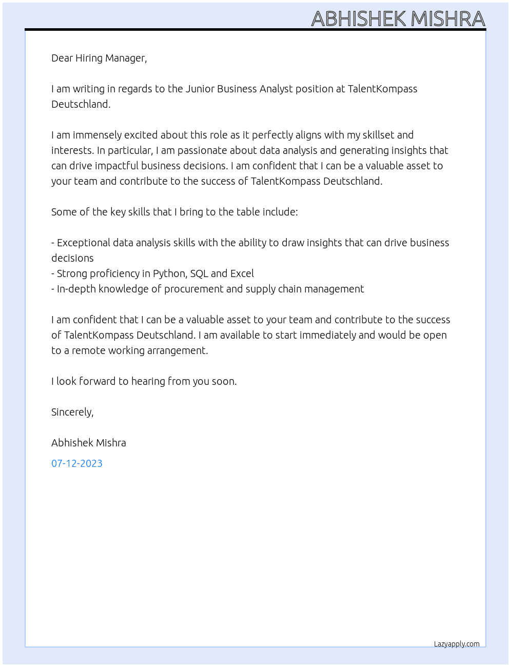Junior Business Analyst At TalentKompass Deutschland Cover Letter