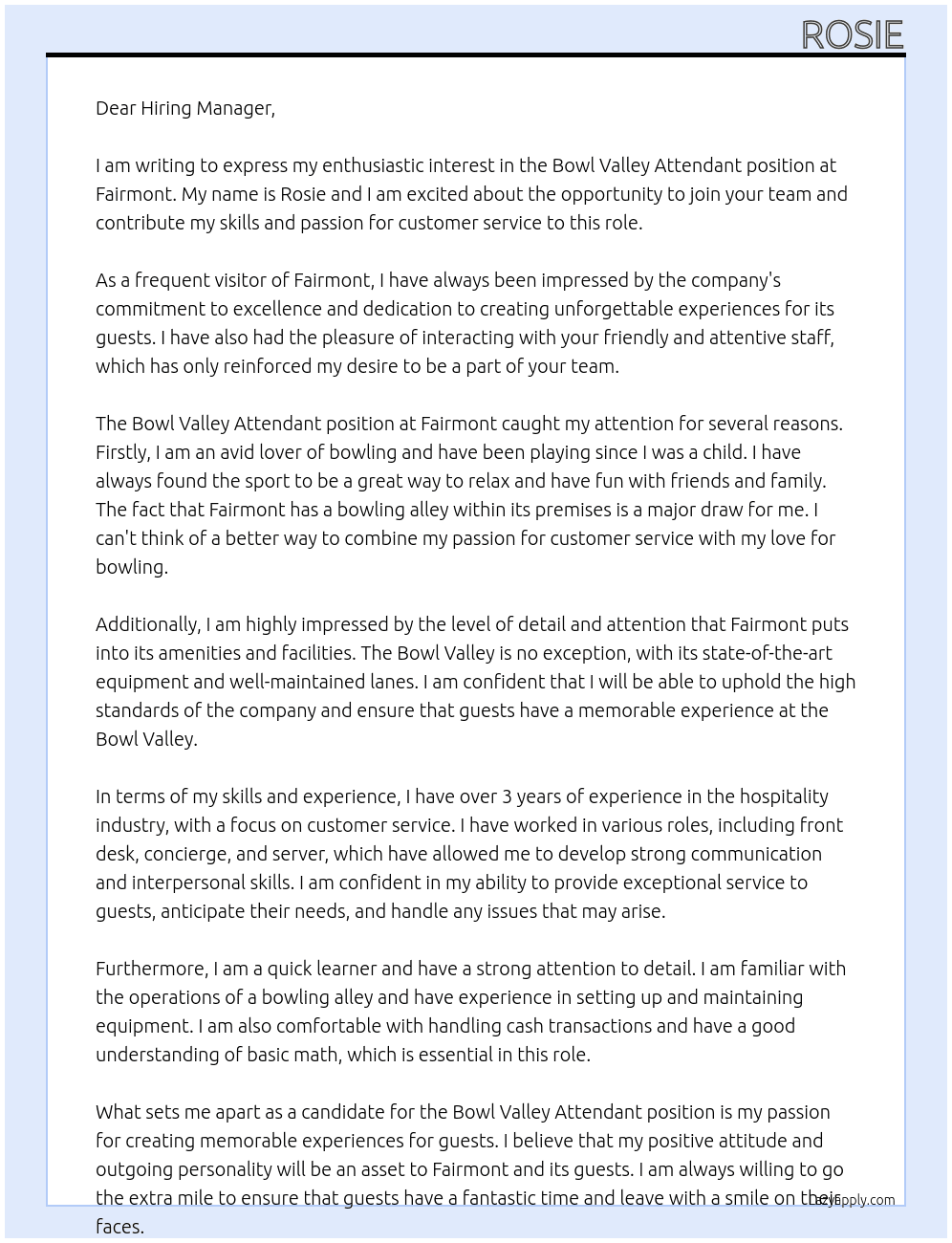 Bowl Valley Attendant At Fairmont Cover Letter