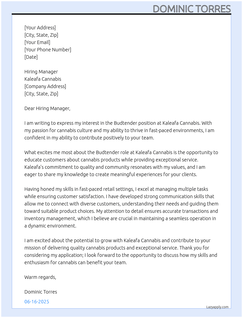 Cover letter for budtender - LazyApply