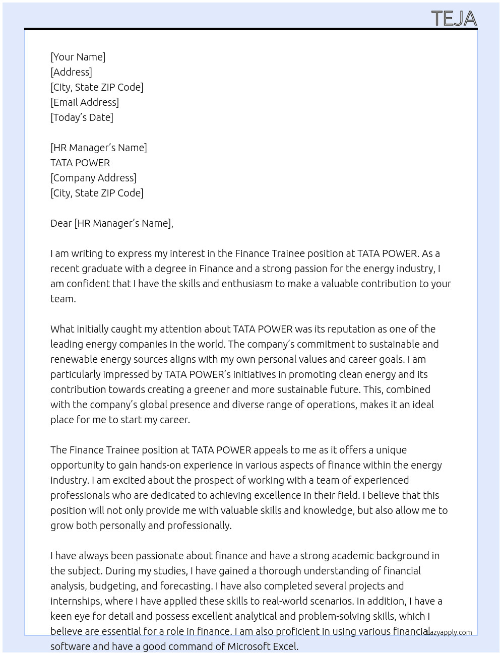 Finance Trainee At TATA POWER Cover Letter