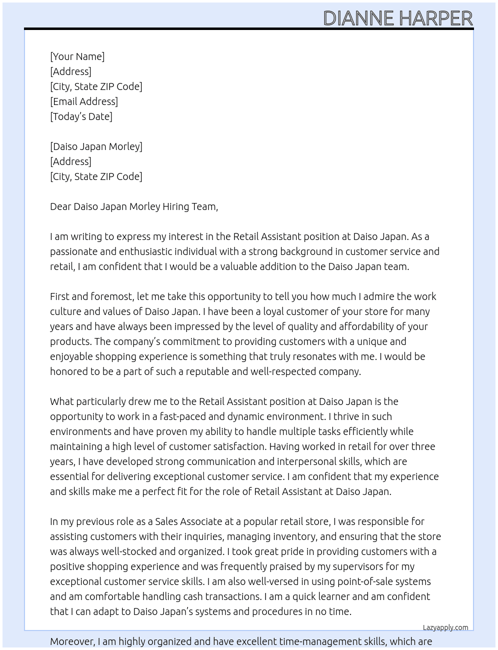 Retail Assistaint At Daiso Japan Cover Letter