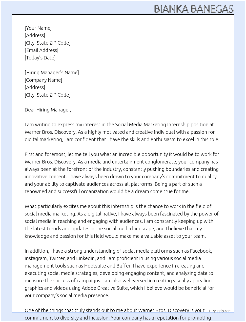social media marketing internship At Warner Bros. Discovery Cover Letter